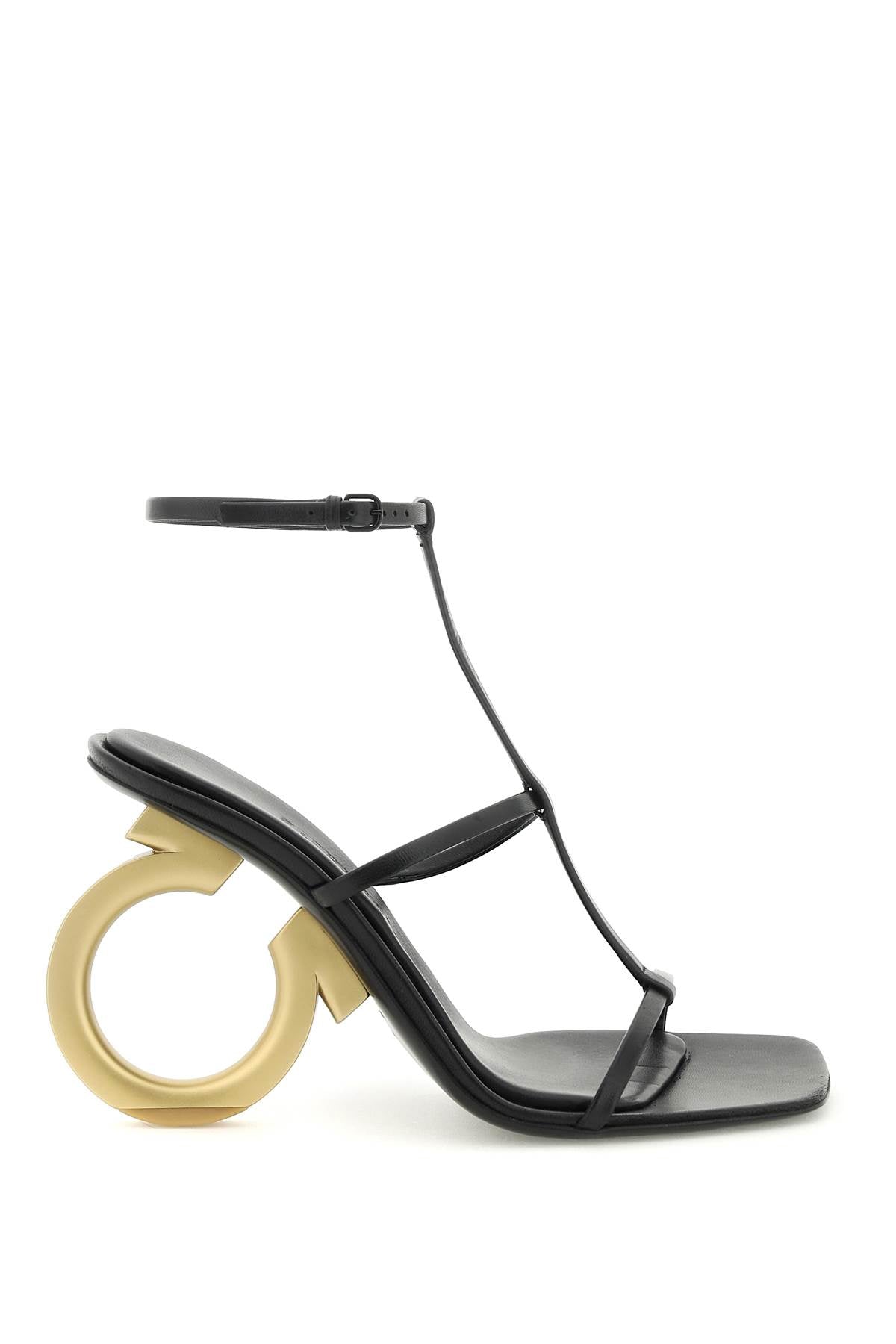 FERRAGAMO Sculptural Gold Heel Suede Sandals - Adjustable Ankle Strap, Mixed Colors
