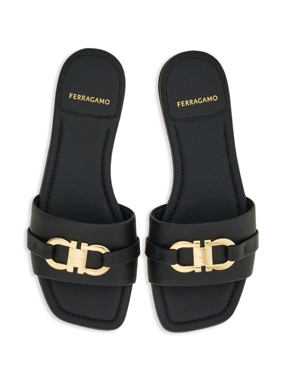 FERRAGAMO Black Leather Gancini Hook Square Toe Sandals for Women