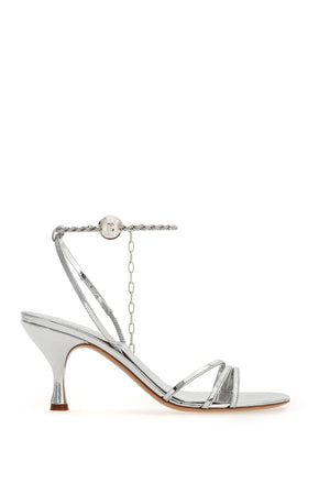 FERRAGAMO Silver Laminated Leather Sandals with Chain Strap and F Character Detail