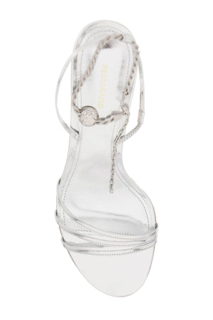 FERRAGAMO Silver Laminated Leather Sandals with Chain Strap and F Character Detail