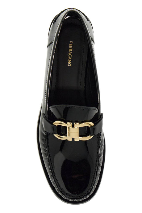 FERRAGAMO British-Inspired Patent Leather Loafers with Gancini Hook Embellishment
