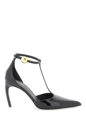 FERRAGAMO Black T-Strap Pumps with Patent Leather and Curved Heel for Women - SS24