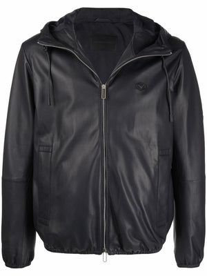 Navy Blue Hooded Leather Blouson Jacket for Men