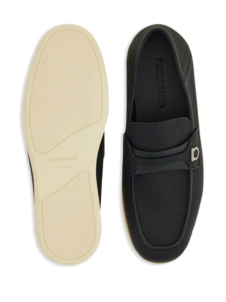 FERRAGAMO Men's Black Leather Slip-On Loafers with Silver-Tone Hardware