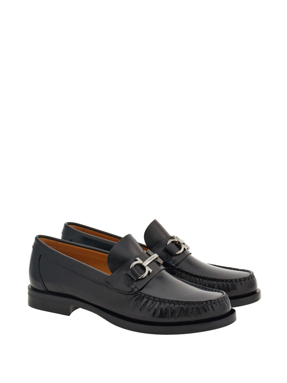 FERRAGAMO Black Gancini Hook Leather Loafers for Men