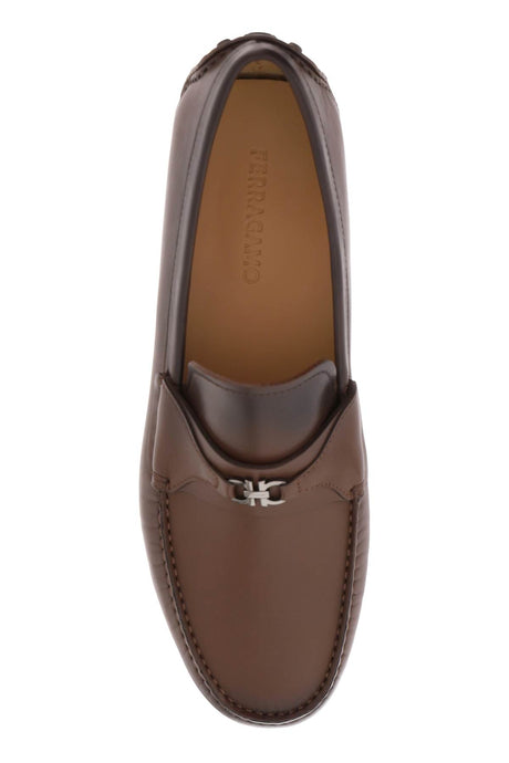 FERRAGAMO Genuine Calf Leather Gancini Hook Loafers for Men in Brown