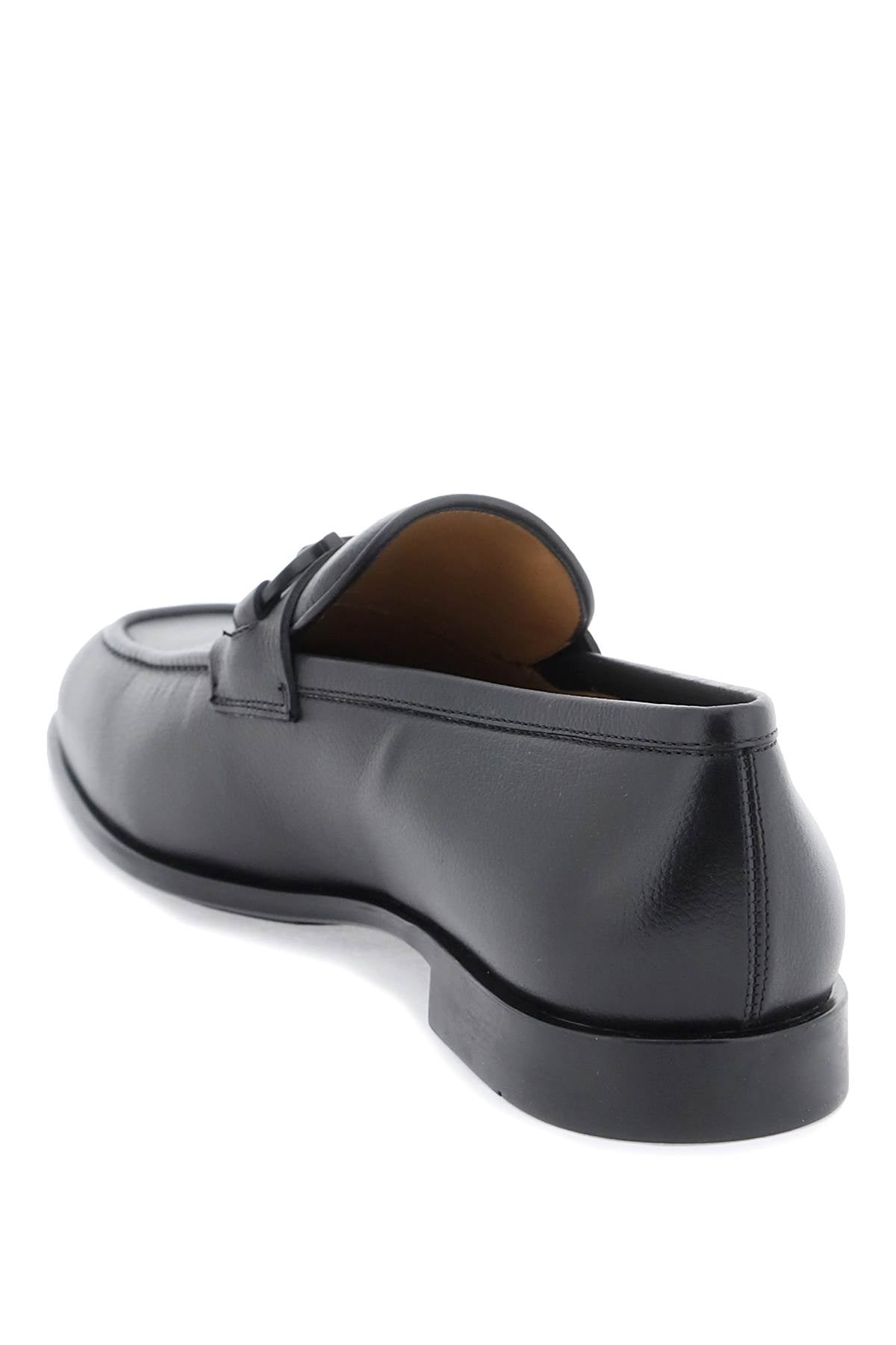 FERRAGAMO Gancini Hook Loafers in Black Grained Leather for Men