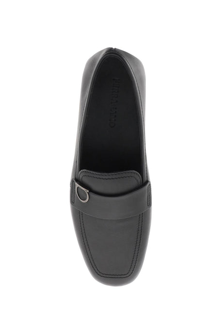 FERRAGAMO Black Leather Moccasins for Men with Iconic Metal Ganici Detail