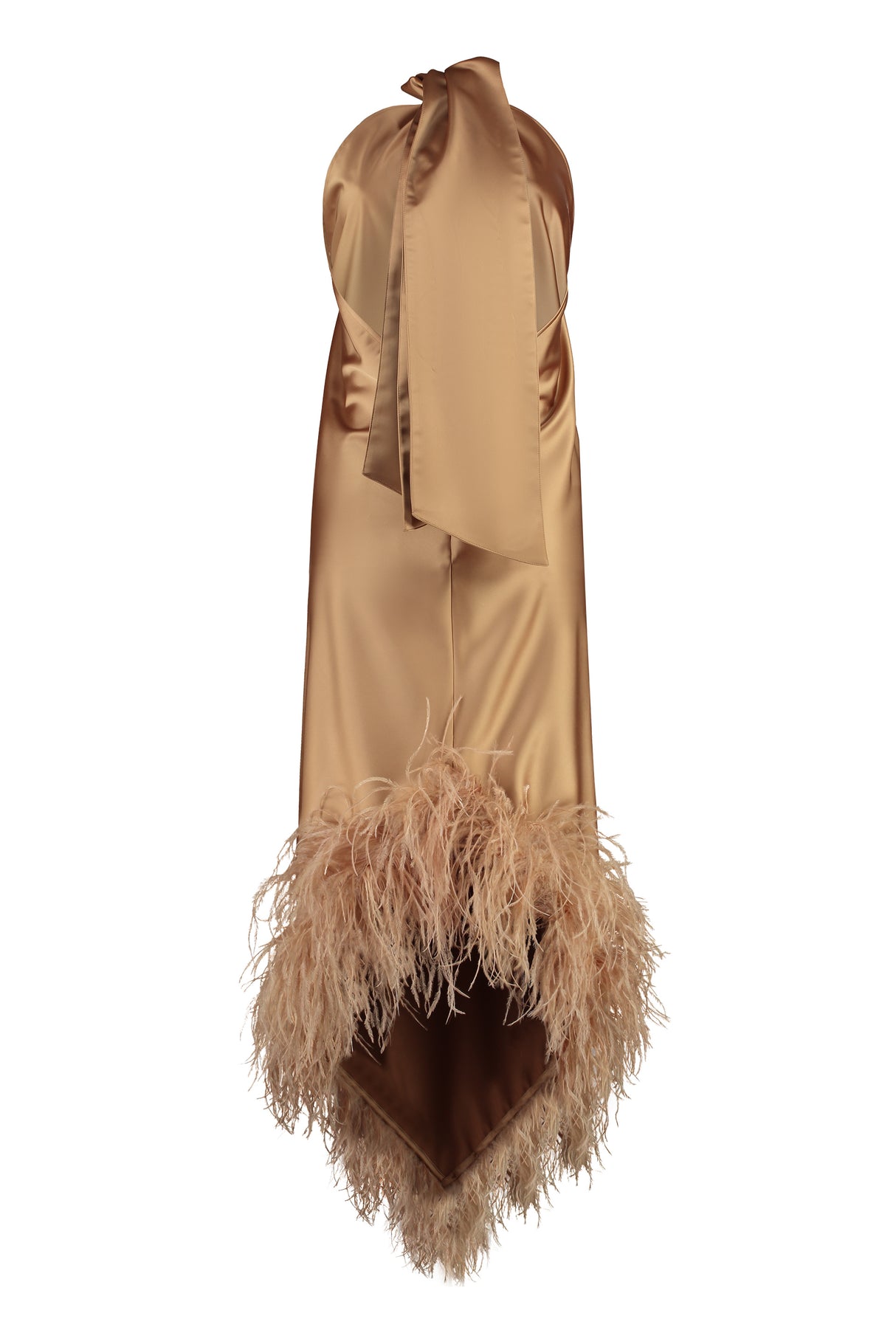帆布頭卡爾麥爾 SS24系列-鵝卵石色的絲綢後開背連身洋裝，帶有羽毛邊緣和不對稱的下擺