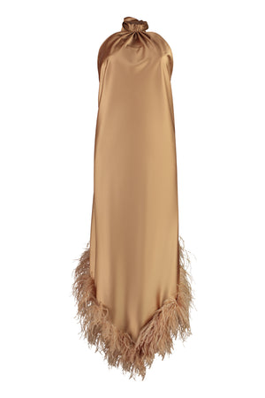 GIUSEPPE DI MORABITO Beige Satin Dress with Open Back and Asymmetrical Feather Hemline