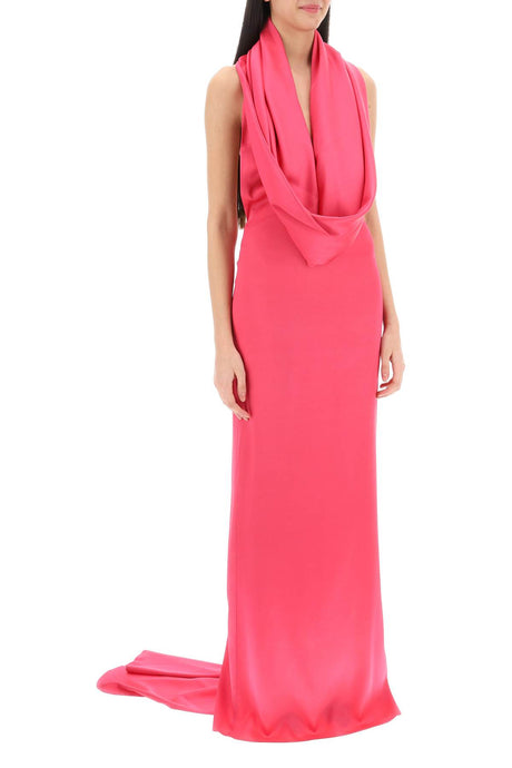 GIUSEPPE DI MORABITO Stunning Pink Maxi Gown with Built-in Hood in Satin Fabric