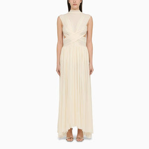 PHILOSOPHY DI LORENZO SERAFINI Cream Tulle Sleeveless Long Dress with Asymmetrical Hemline for Women