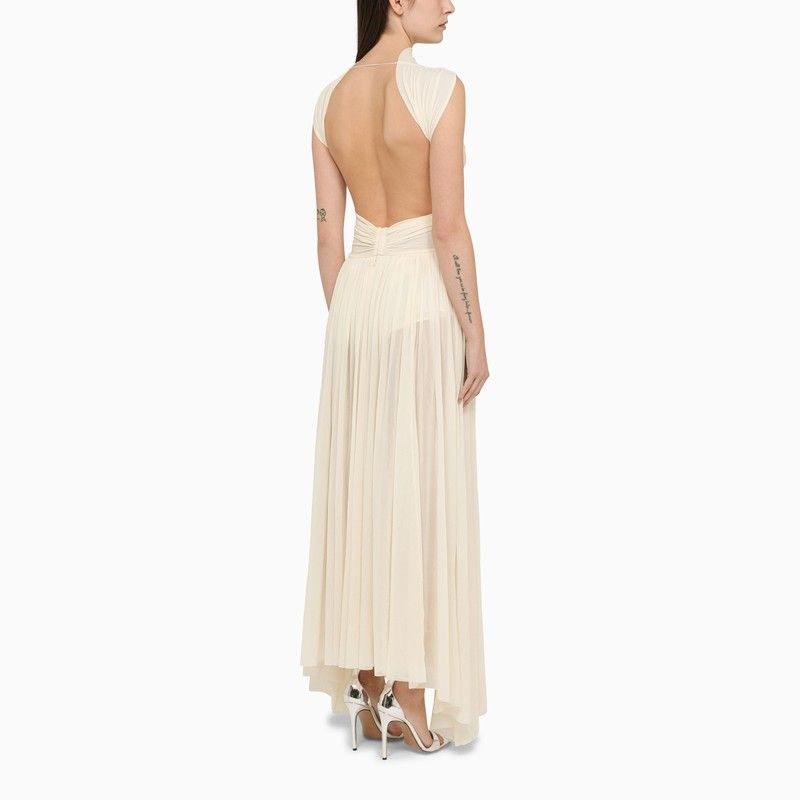 PHILOSOPHY DI LORENZO SERAFINI Cream Tulle Sleeveless Long Dress with Asymmetrical Hemline for Women