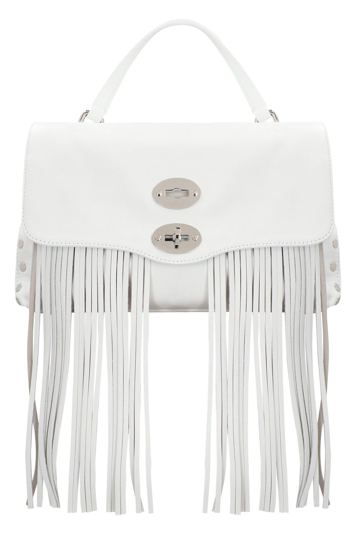 ZANELLATO Stylish White Leather Handbag with Removable Fringes and Silver-Tone Hardware - SS24