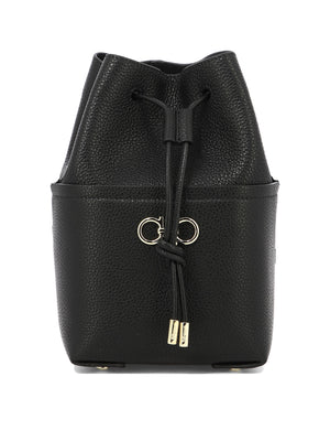 FERRAGAMO "Mini Gancini Elegance" Black Leather Crossbody Bag with Gold Detail