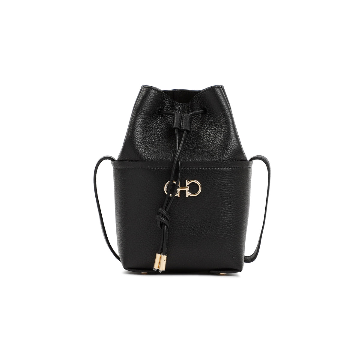 FERRAGAMO Mini Black Grained Calf Leather Bucket Handbag 13x21x9 cm