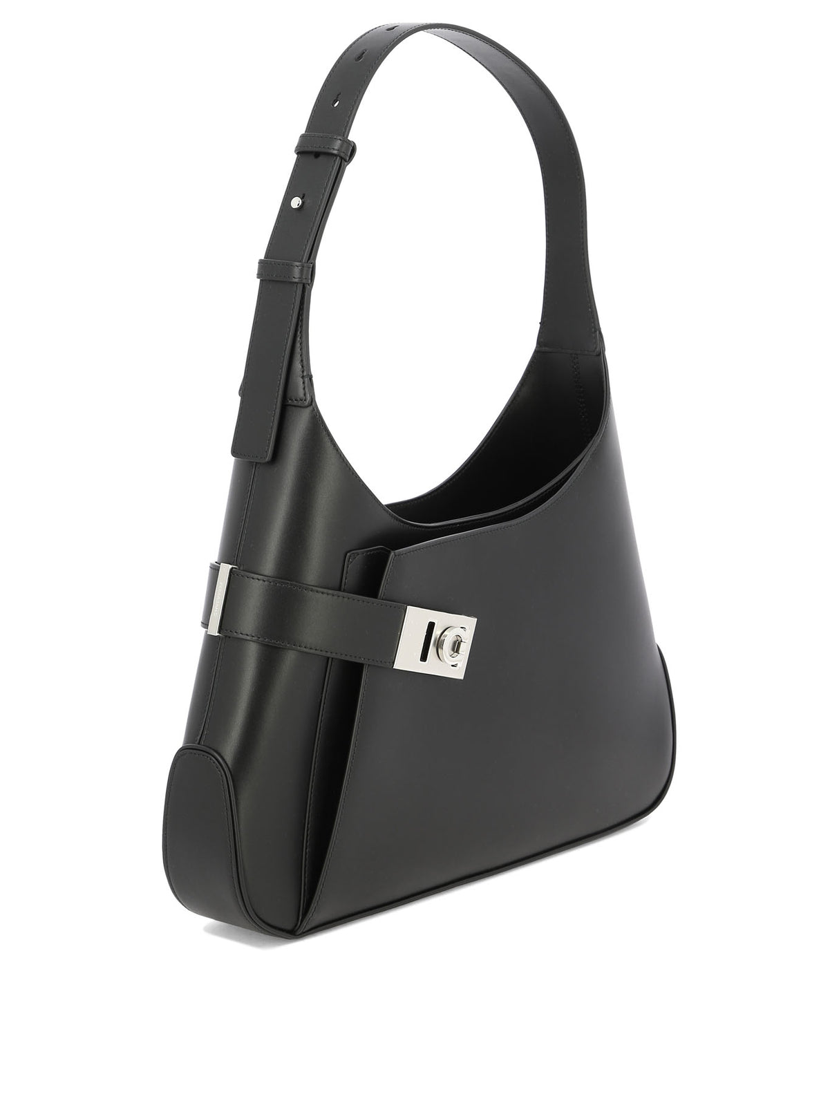 Asymmetrical Black Leather Shoulder Bag with Gancini Hook Buckle for Women