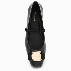 Black Leather Ballerina with Square Toe and Decorative Bow