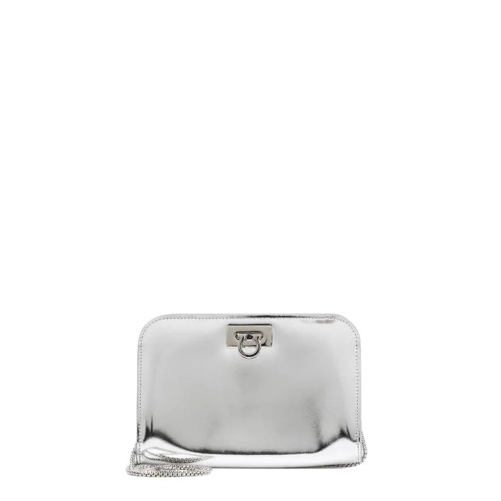 FERRAGAMO Mini Wanda Gray Leather Clutch - 100% Mirror Calf, 18.5cm x 12cm x 5cm