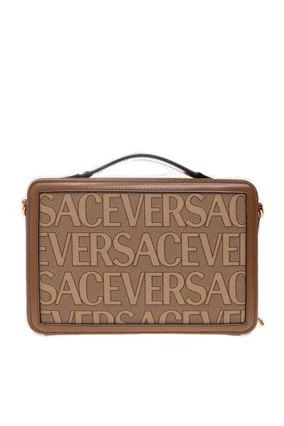 VERSACE Versatile All-Over Logo Printed Canvas Messenger Handbag in Beige for Men