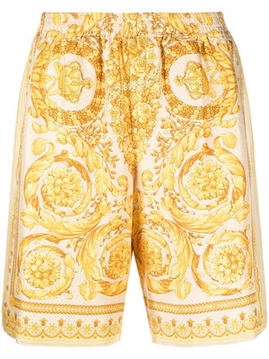 Beige/Yellow Baroque Print Silk Shorts for Men