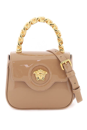 VERSACE Beige Patent Leather Mini Top Handle Bag for Women, Medusa Design, 16x13x7.5 cm