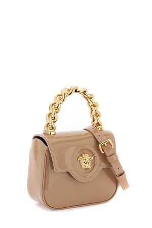 VERSACE Beige Patent Leather Mini Top Handle Bag for Women, Medusa Design, 16x13x7.5 cm