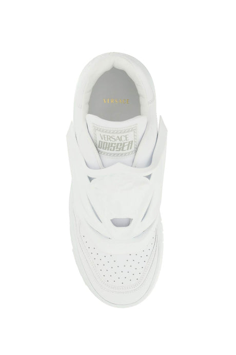 VERSACE White Leather Slip-On Sneakers for Men | Perforated Toe Caps & Medusa Detail