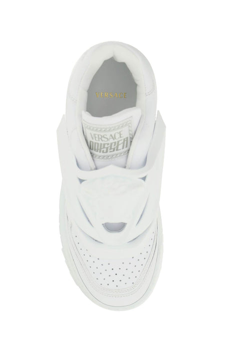 White Leather Slip-On Sneakers with Perforated Toe Caps and Three-Dimensional Medusa