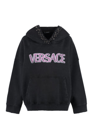 VERSACE Black Logo Hoodie with Decorative Studs and Vintage Effect
