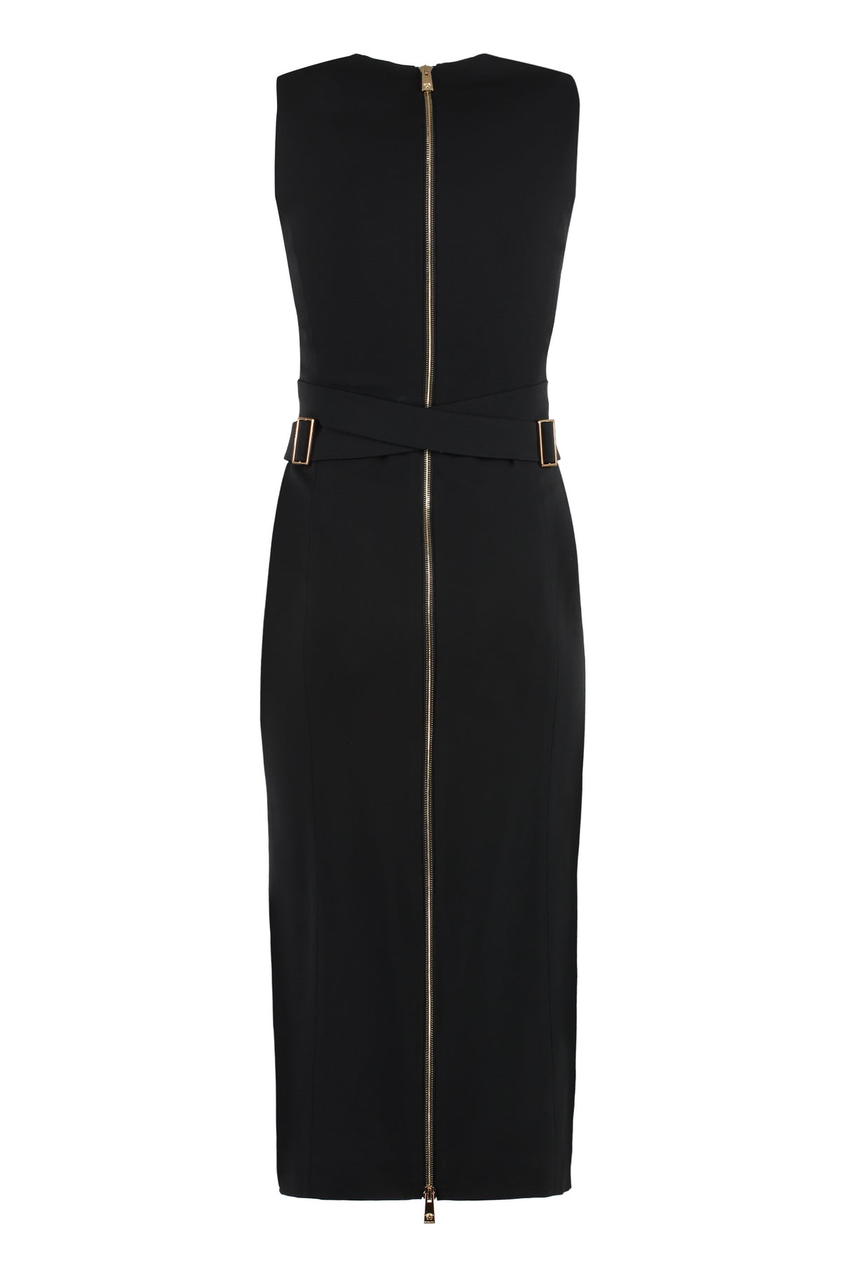 VERSACE Black Crepe Midi Dress with Medusa Detail at Front and Adjustable Waist Belt