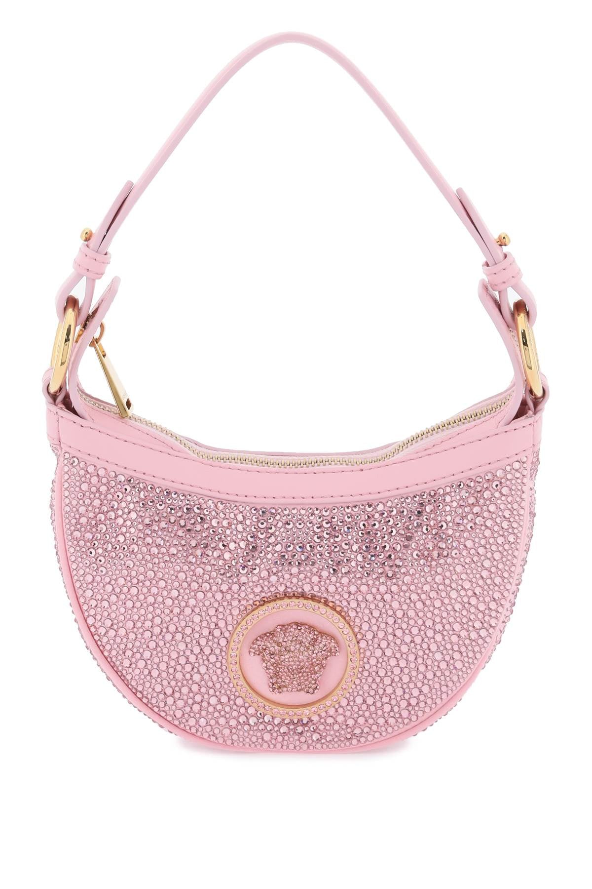Elegant Pink Mini Hobo Handbag with Crystals and Iconic Medusa by a Leading Fashion Designer
