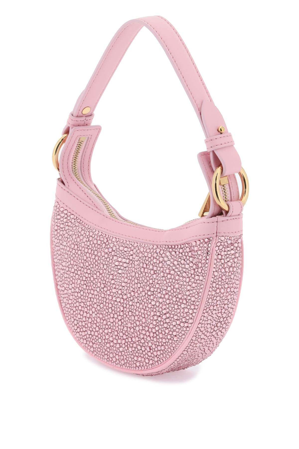 粉色小方型手提包，搭配水晶與時尚設計師的招牌Medusa標誌
