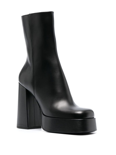 VERSACE Black Leather Aevitas Boots - Maxi Heel, Medusa Detail, Zippered Closure