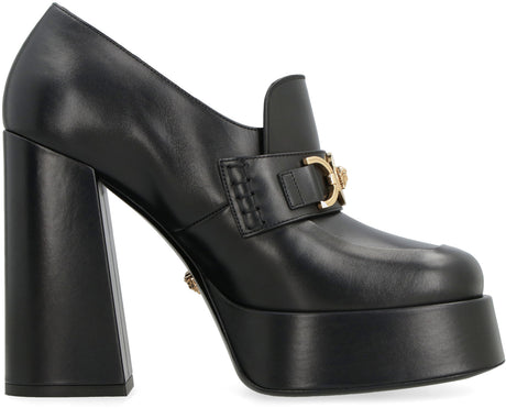 VERSACE Black Leather Square Toe Loafers with Logo Detail, Block Heel and Platform