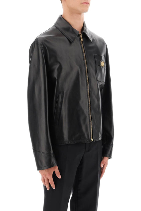 VERSACE Sleek Men's Leather Zip Jacket with Gold-Tone Embellishment