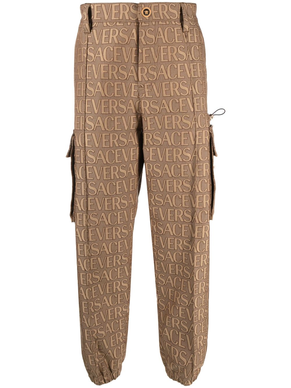 VERSACE Beige Cargo-Trousers with All-Over Motif and Elasticated Ankle Cuffs for Men