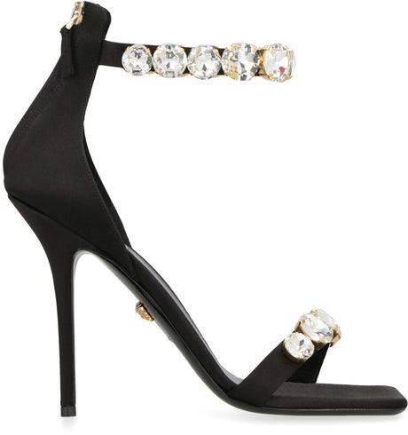 VERSACE Black Satin Sandals with Embellished Details and Stiletto Heels for Women
