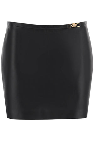 VERSACE Black Leather Mini Skirt with Printed Lining for Women