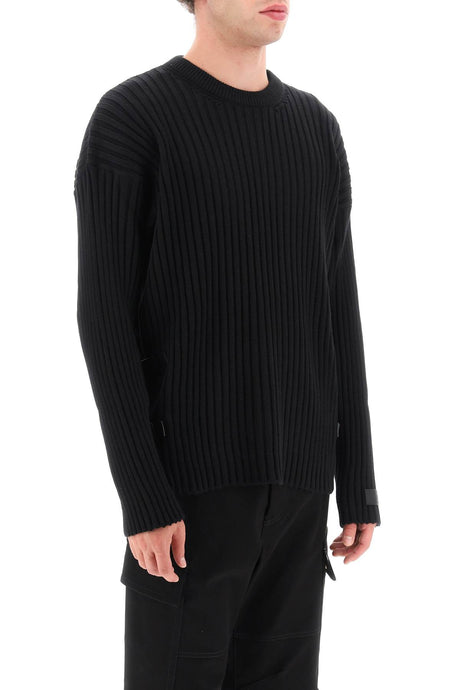 VERSACE Versatile Black Ribbed-Knit Men's Sweater with Leather Straps