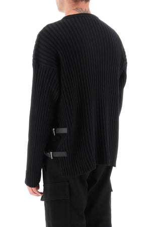 VERSACE Versatile Black Ribbed-Knit Men's Sweater with Leather Straps