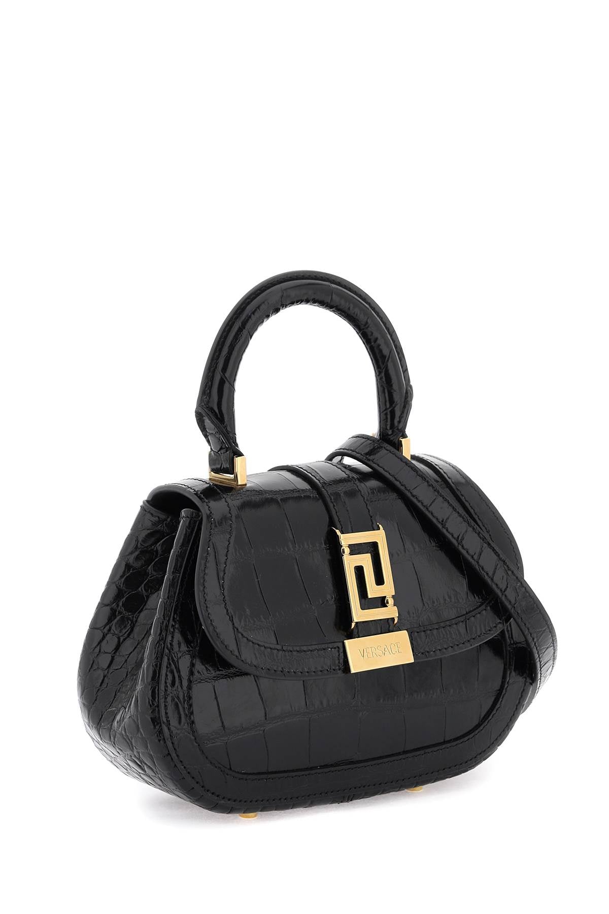 VERSACE Black Croco-Embossed Mini Handbag with Greek Key Detail and Gold Hardware