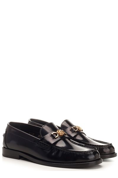 VERSACE Black Glossy Leather Moccasins with Metal Medusa Detail for Women - FW23