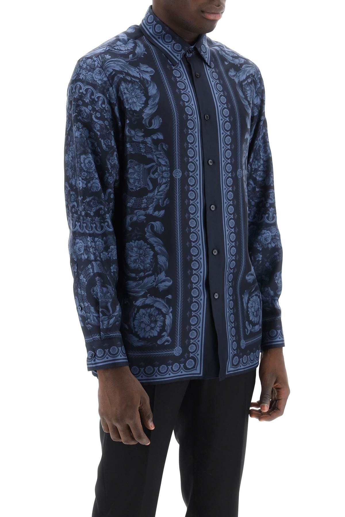 Blue Silk Shirt with Baroque Motif for Men - SS24