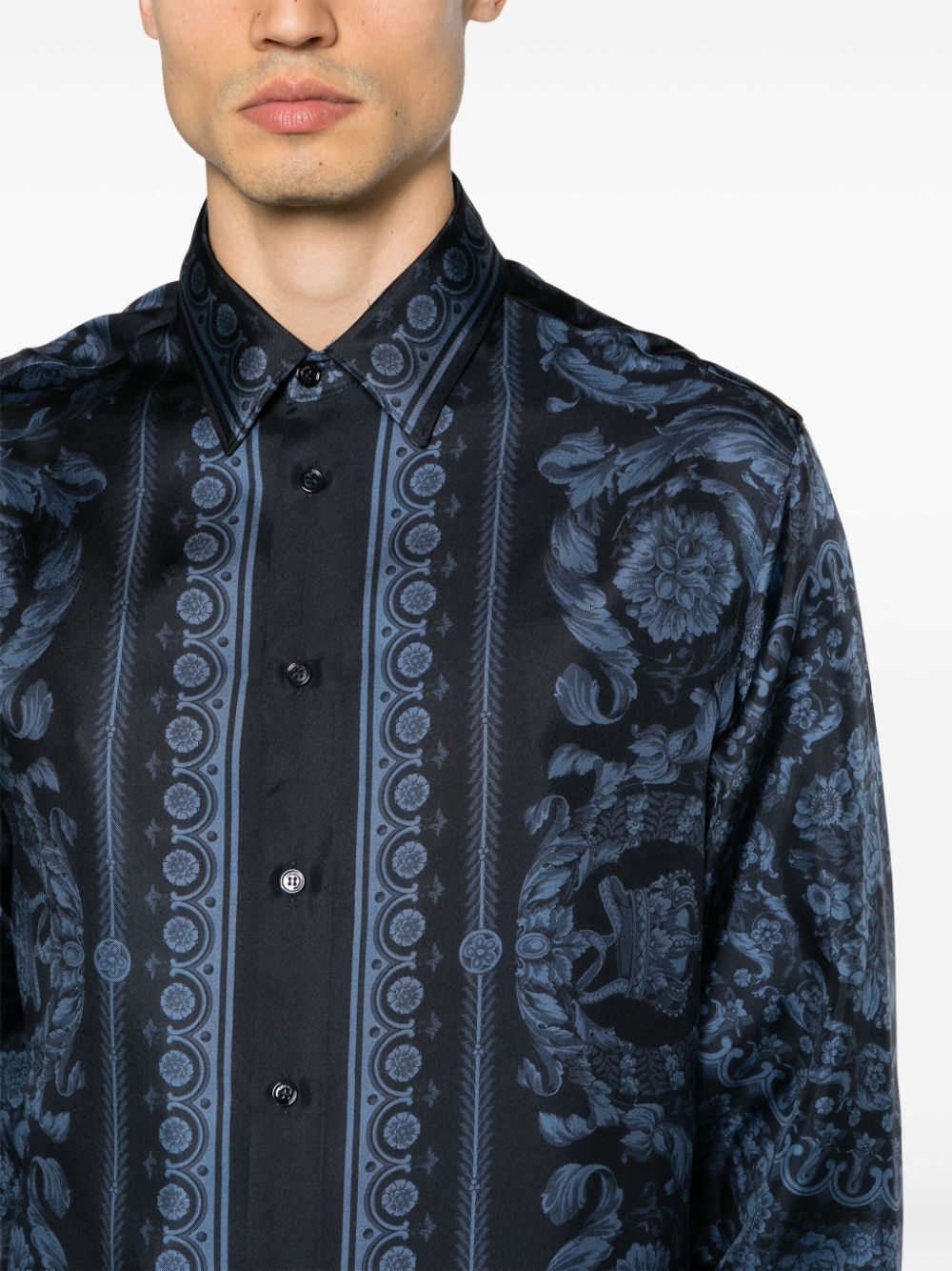 男装丝绸条纹印花蓝色衬衫