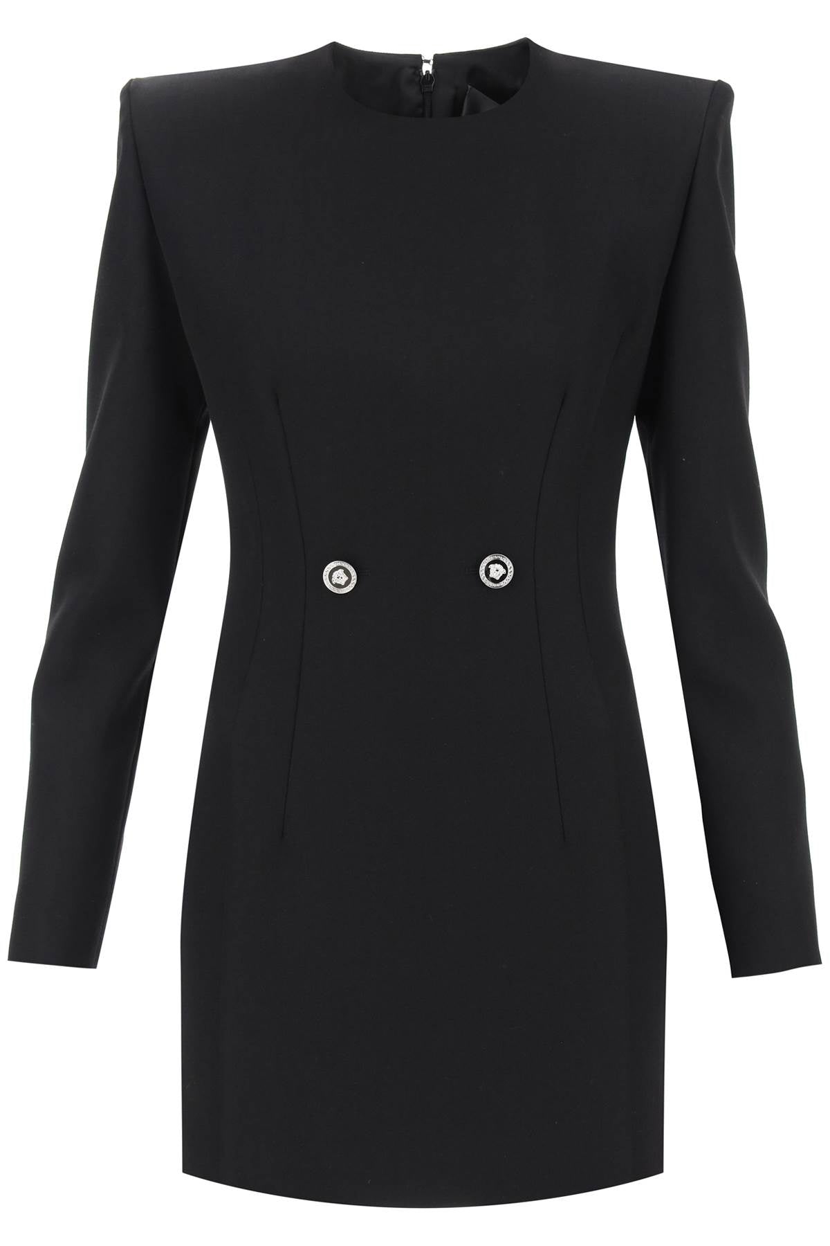 黑色纯羊毛女士连衣裙，带有标志钮扣和衬垫肩