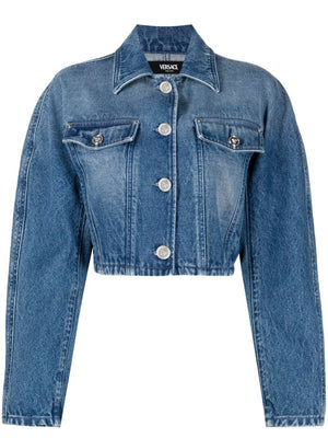 VERSACE Stylish Cropped Denim Jacket for Women in Navy Blue - FW23