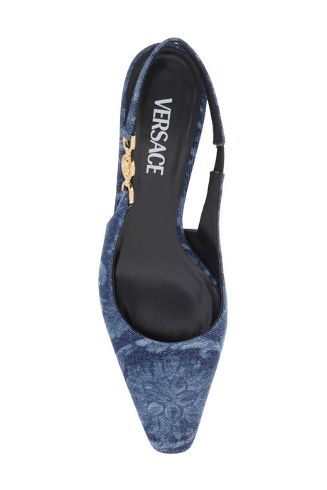 バロックデニムスリングバックパンプス-青、5センチヒール、100%コットン、SS24の女性用靴