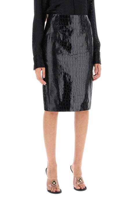 VERSACE Black Crocodile Print Leather Skirt for Women - FW23