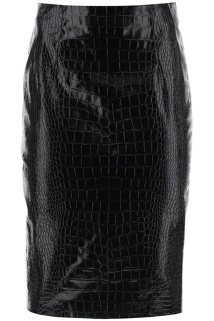 VERSACE Black Crocodile Print Leather Skirt for Women - FW23